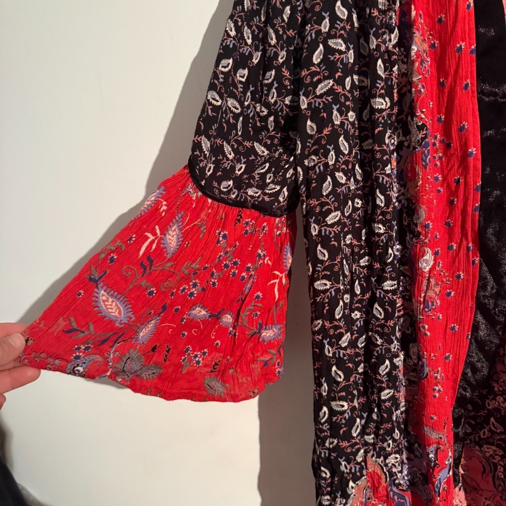 Angie Medium Boho Floral Kimono Cardigan Patchwork Velvet Trim Festival Artsy - Picture 3 of 6